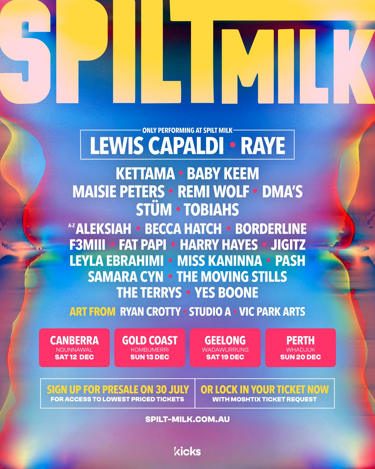 Spilt Milk festival poster listing headline acts Lewis Capaldi and RAYE alongside tour dates and full lineup.
